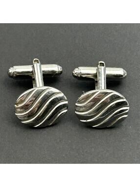 Vintage ANSON Cufflinks Mid Century Modern Silver Tone Sculpted Wave MCM Signed